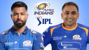 Hardik Pandya and Mahela Jayawardene alongside the Mumbai Indians and IPL logos.