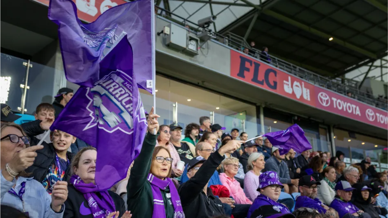 Hobart Hurricanes fans waving team flags in the crowd during a BBL match