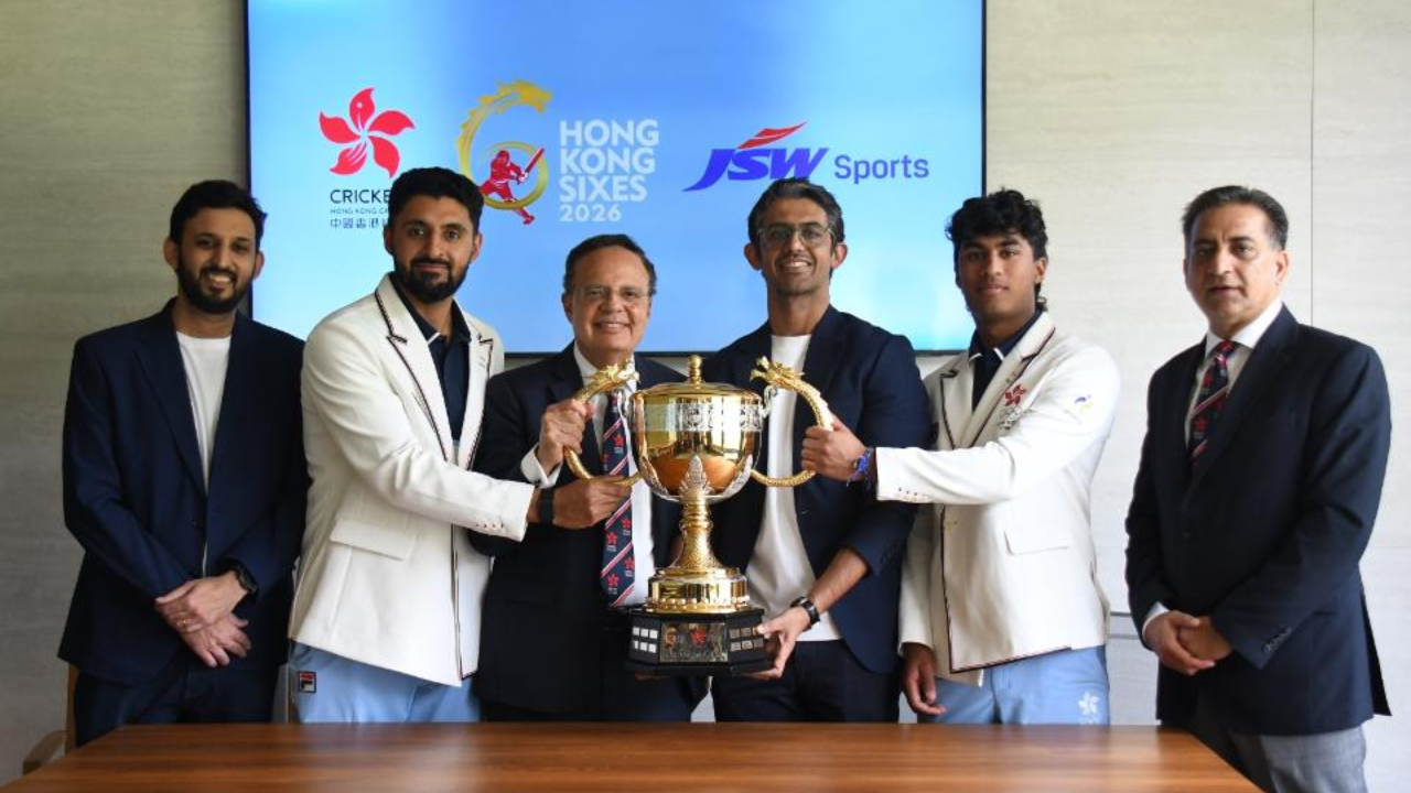 Hong Kong Sixes 2026 trophy presentation marking JSW Sports sponsorship of the cricket tournament