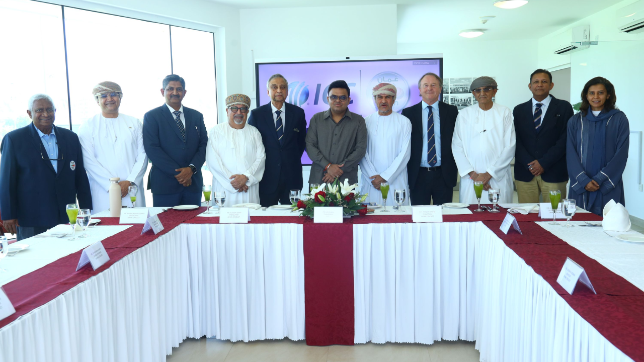 ICC Chairman Jay Shah with Oman Cricket President Pankaj Khimji and other Oman Cricket board officials.