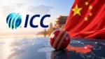 ICC logo with a cricket ball and the Chinese flag representing cricket in China.