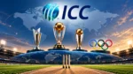 ICC logo with international cricket trophies and Olympic rings in a global cricket stadium setting