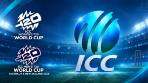 ICC logo with Men’s and Women’s T20 World Cup logos against a cricket stadium background