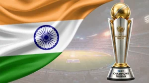 ICC Women’s Champions Trophy with the Indian flag and cricket stadium