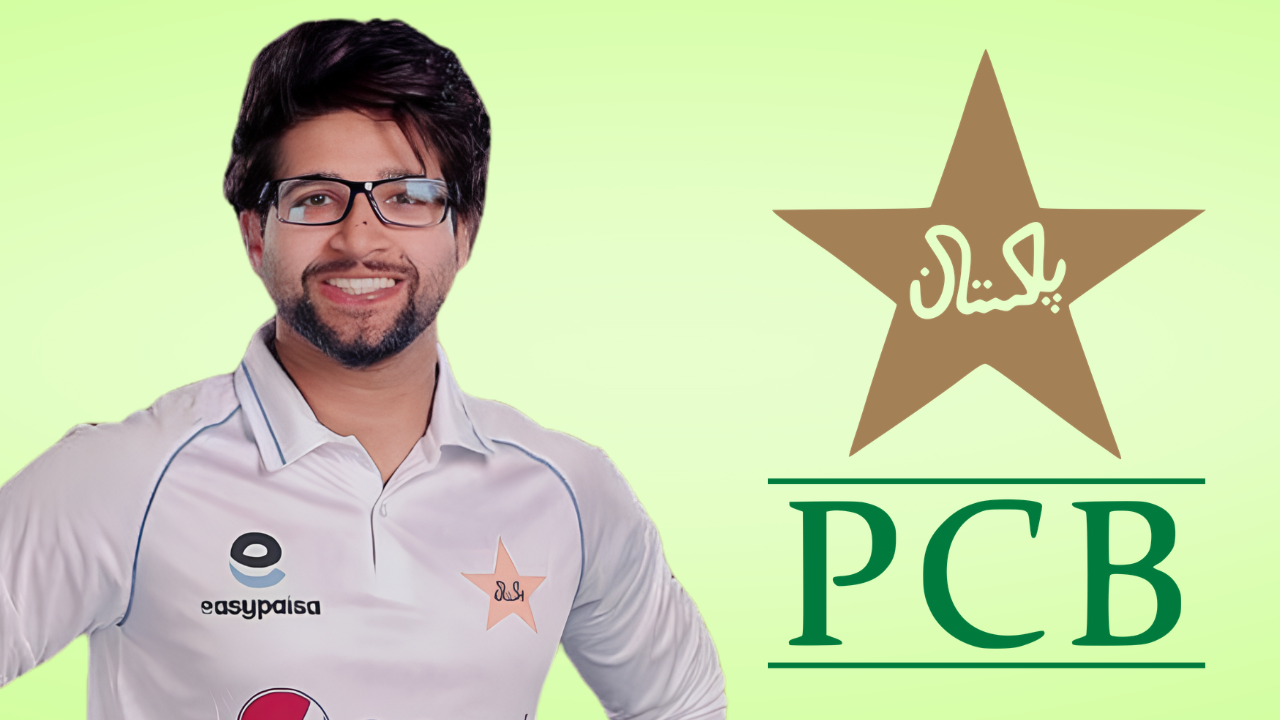 Pakistan cricketer Imam-ul-Haq alongside the Pakistan Cricket Board PCB logo