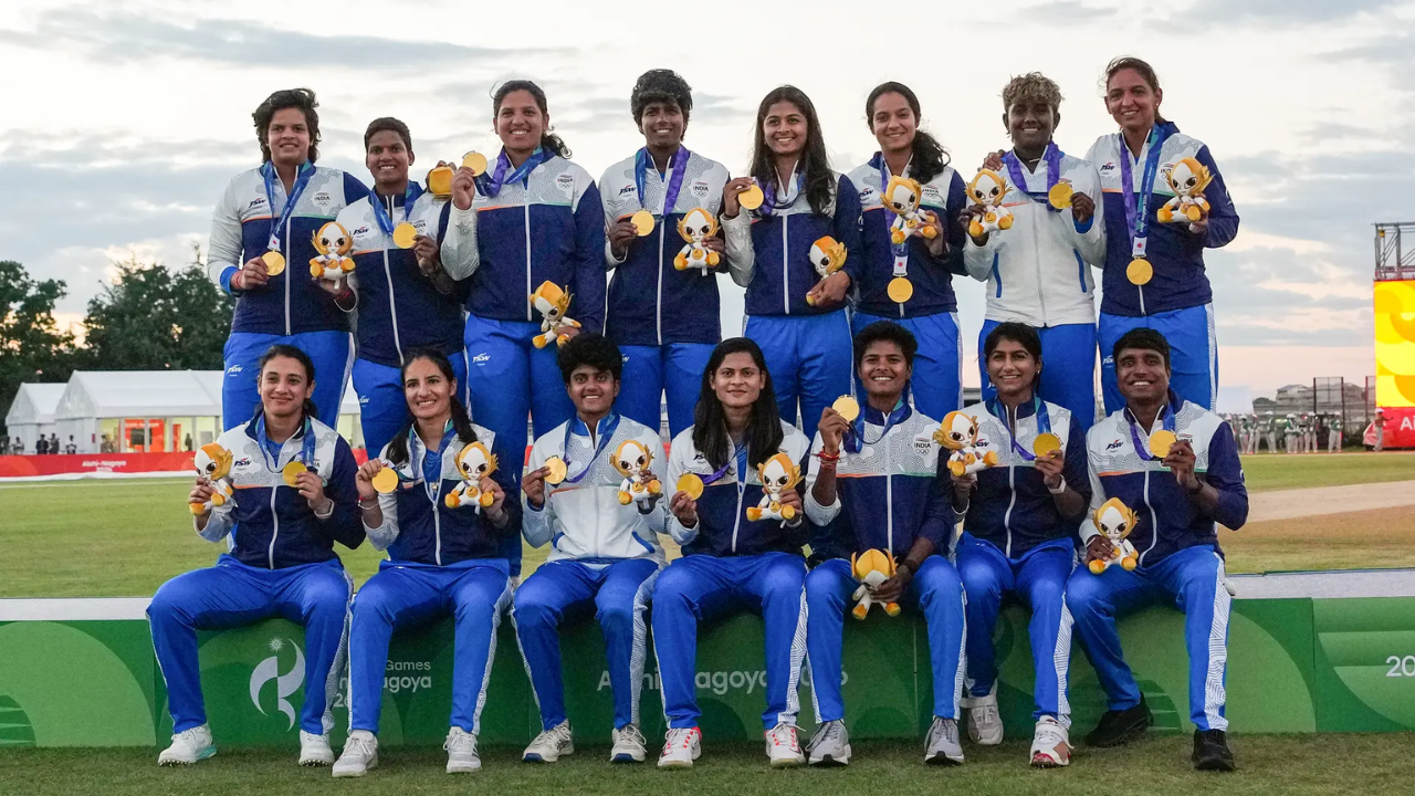 India women’s cricket team celebrates winning the gold medal at the 2026 Asian Games