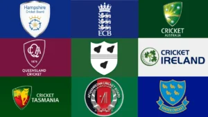 Logos of international and regional cricket boards including ECB, Cricket Australia, Queensland Cricket, Cricket Ireland and Cricket Tasmania