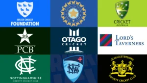 Logos of cricket organisations including Sussex Cricket Foundation, BCCI, Cricket Australia, PCB, Otago Cricket, Lord’s Taverners, Nottinghamshire and Gloucestershire County Cricket Club.