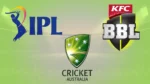 IPL, Big Bash League BBL and Cricket Australia logos on a cricket stadium background