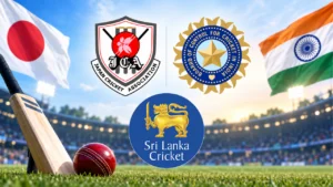 Japan Cricket Association, BCCI and Sri Lanka Cricket logos displayed against a cricket stadium background