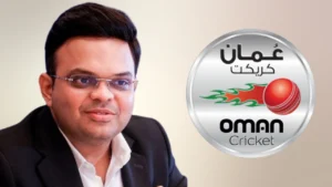 Jay Shah pictured alongside the Oman Cricket logo
