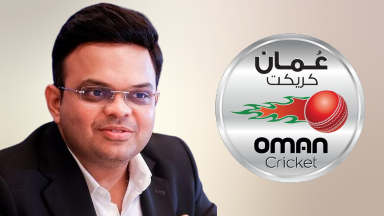 Jay Shah pictured alongside the Oman Cricket logo