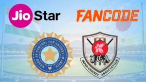 JioStar, FanCode, BCCI and Japan Cricket Association logos against a cricket stadium background