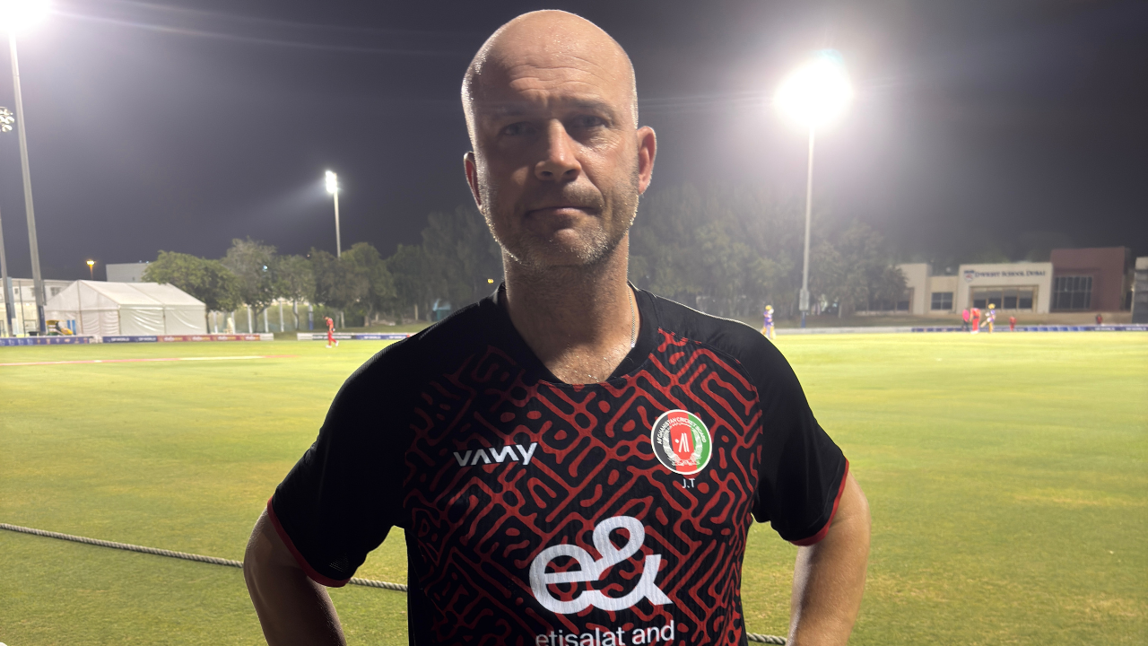 Jonathan Trott at a floodlit cricket ground in Afghanistan team kit