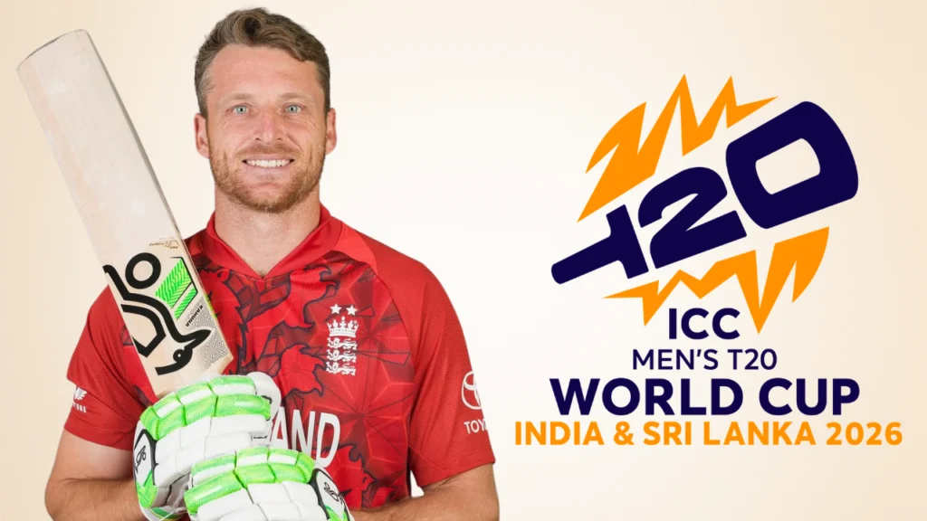 England cricketer Jos Buttler alongside the ICC Men’s T20 World Cup 2026 India and Sri Lanka logo