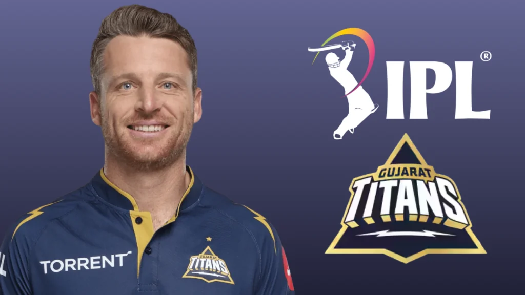Jos Buttler in Gujarat Titans kit alongside the IPL and Gujarat Titans logos