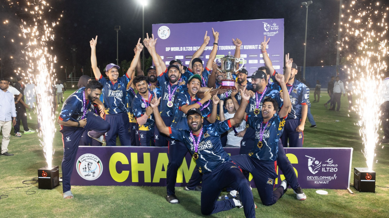 Kuwait Falcons celebrate with the trophy after being crowned champions of the DP World ILT20 Development Tournament.