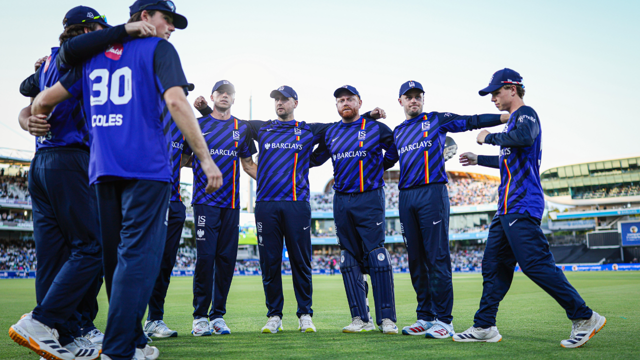 London Spirit players including Jonny Bairstow and Liam Livingstone gather on the field during The Hundred