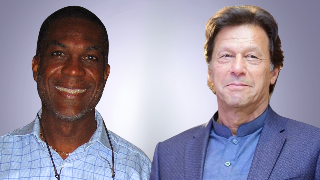 Portraits of former cricketer Michael Holding and former Pakistan cricketer Imran Khan side by side