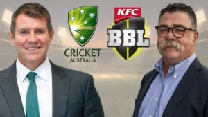 Mike Baird and David Boon pictured alongside the Cricket Australia and Big Bash League (BBL) logos.