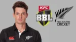 New Zealand cricketer Mitchell Santner alongside the Big Bash League and New Zealand Cricket logos
