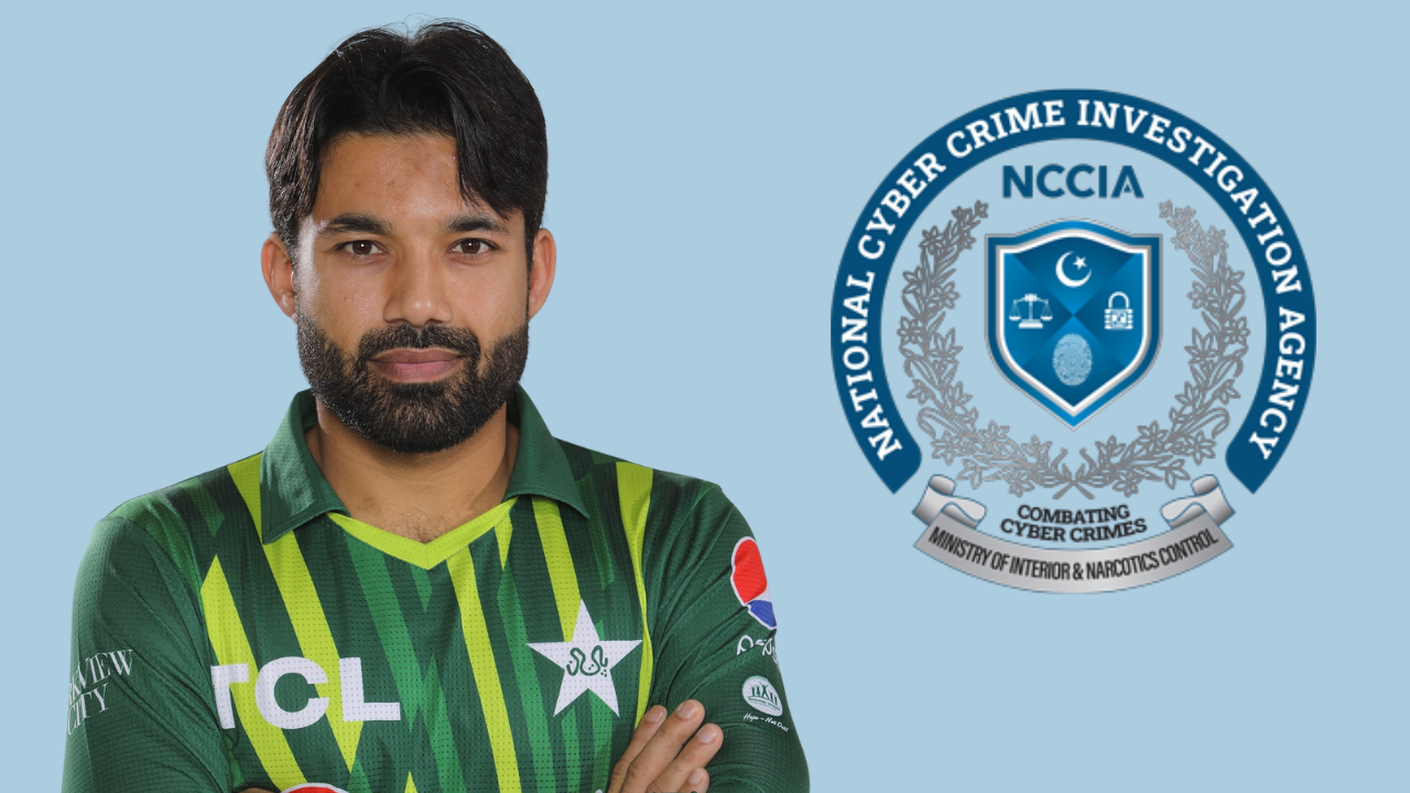 Pakistan cricketer Mohammad Rizwan alongside the National Cyber Crime Investigation Agency NCCIA logo