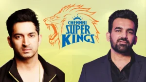 Mohit Sharma and Zaheer Khan alongside the Chennai Super Kings CSK logo