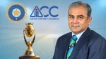 Mohsin Naqvi alongside the Asian Cricket Council and BCCI logos with the Asia Cup trophy.