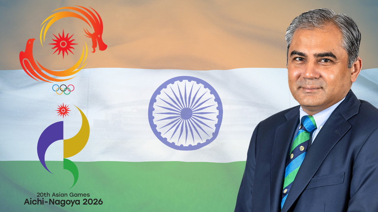 Mohsin Naqvi alongside the India flag, OCA logo and Aichi-Nagoya 2026 Asian Games emblem.