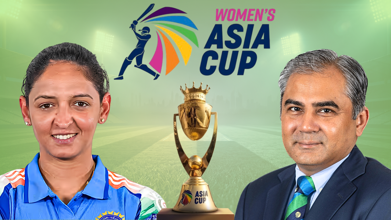 Mohsin Naqvi and Harmanpreet Kaur with Women’s Asia Cup logo and trophy