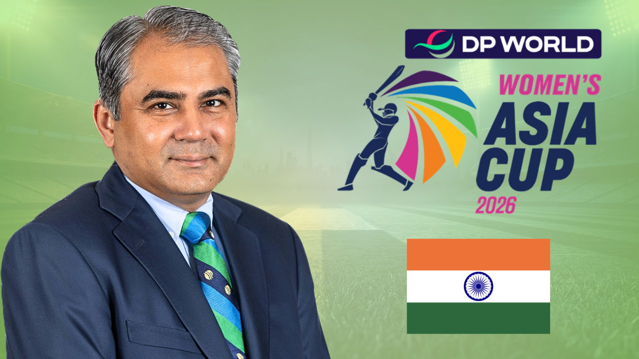 Mohsin Naqvi with Women’s T20 Asia Cup 2026 logo and India flag