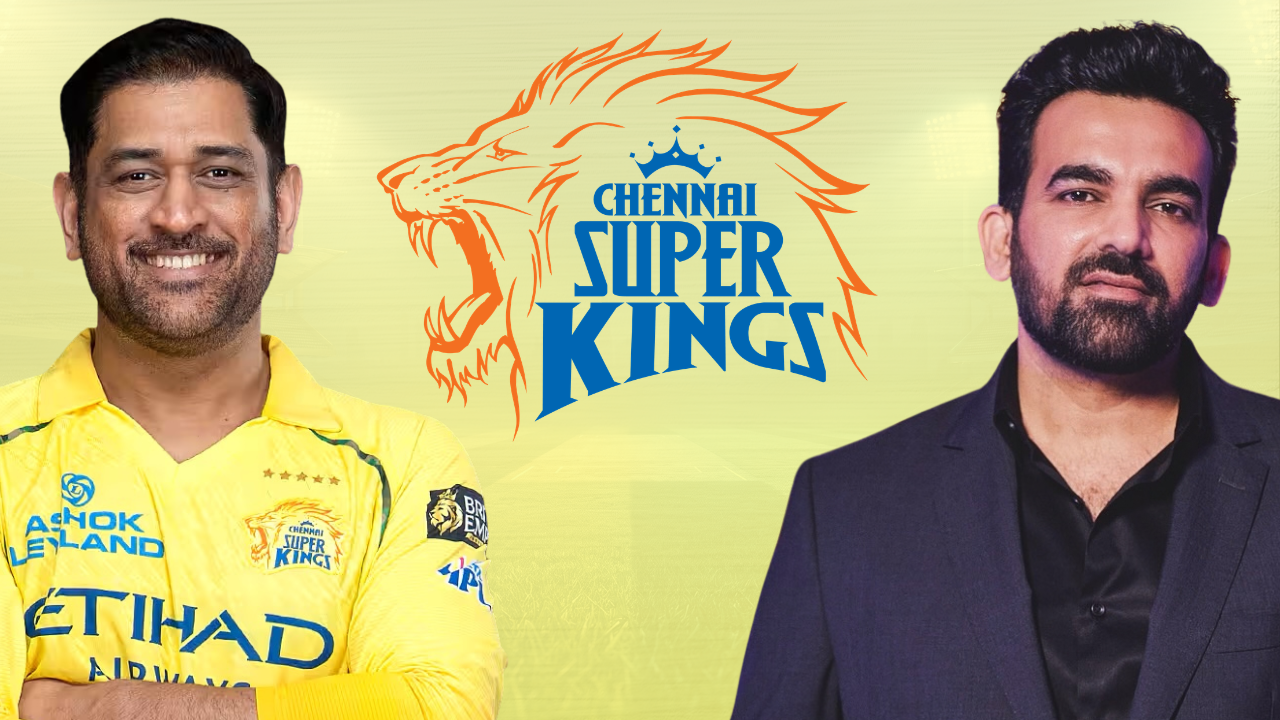 MS Dhoni and Zaheer Khan with the Chennai Super Kings (CSK) logo