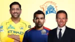 MS Dhoni, Zaheer Khan and Eoin Morgan with the Chennai Super Kings logo