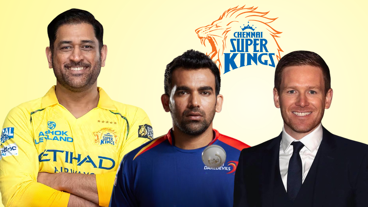 MS Dhoni, Zaheer Khan and Eoin Morgan with the Chennai Super Kings logo