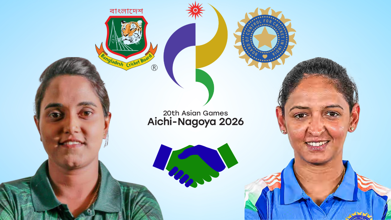 Nigar Sultana and Harmanpreet Kaur with 2026 Asian Games, BCB and BCCI logos
