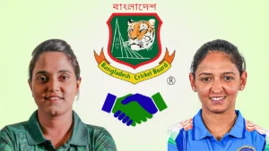 Nigar Sultana and Harmanpreet Kaur with Bangladesh Cricket Board logo and handshake graphic