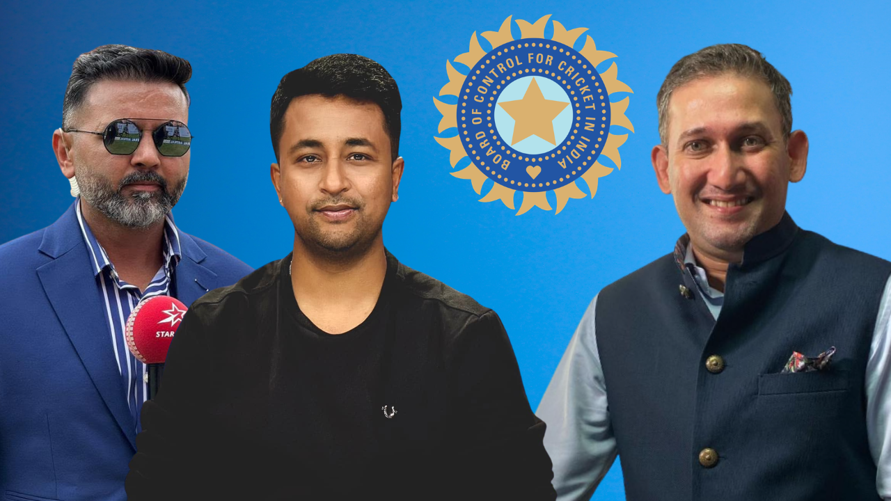 Parthiv Patel, Pragyan Ojha and Ajit Agarkar pictured alongside the BCCI logo.
