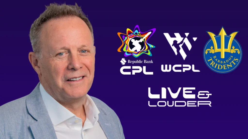 Pete Russell alongside CPL, WCPL, Live and Louder and Barbados Tridents logos