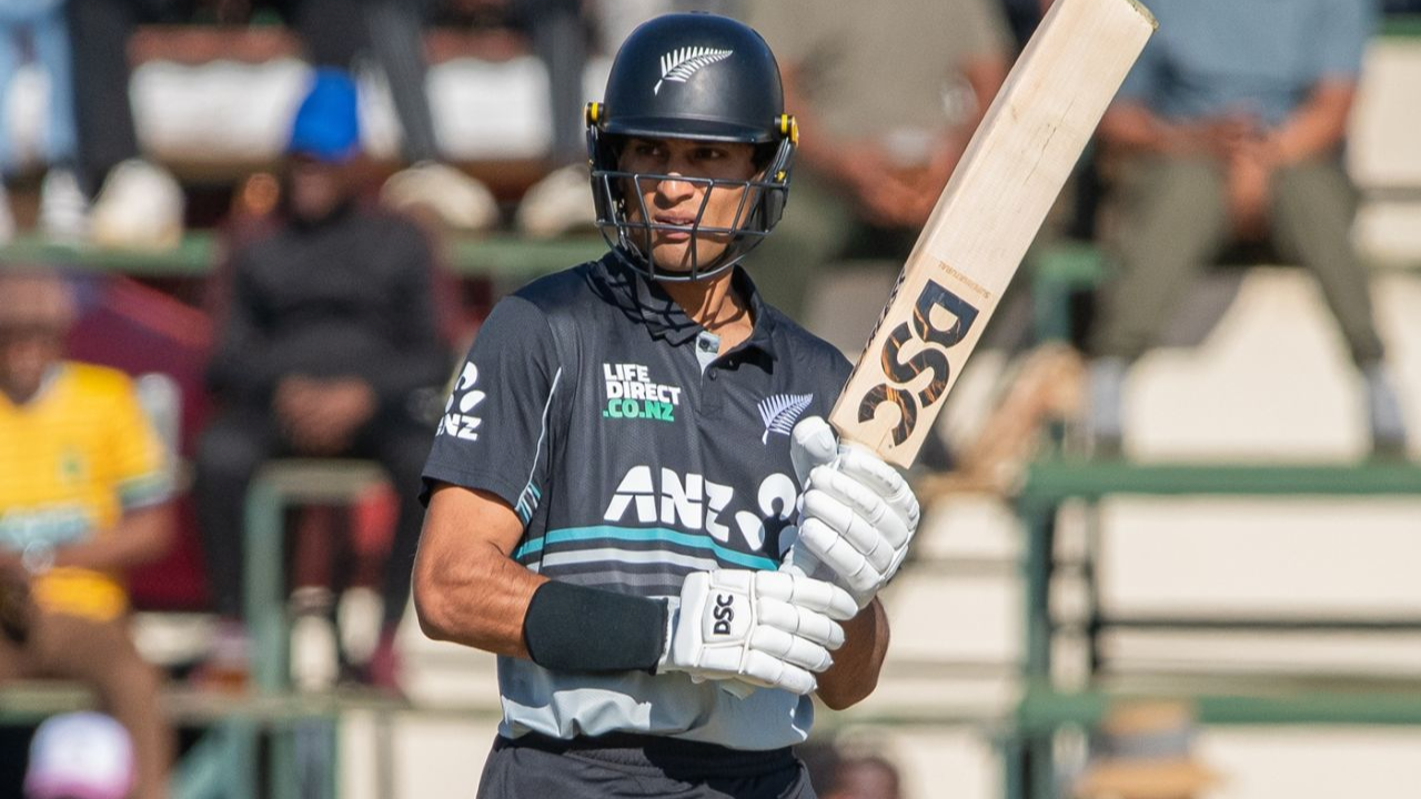 Rachin Ravindra batting in New Zealand cricket kit.