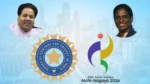 Rajiv Shukla and PT Usha with BCCI and Aichi-Nagoya 2026 Asian Games logos against the Nagoya skyline