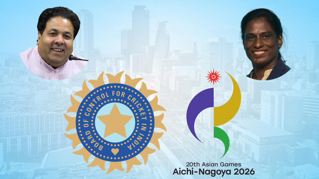 Rajiv Shukla and PT Usha with BCCI and Aichi-Nagoya 2026 Asian Games logos against the Nagoya skyline