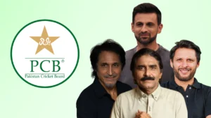 Ramiz Raja, Shahid Afridi, Shoaib Malik and Javed Miandad alongside the Pakistan Cricket Board logo.