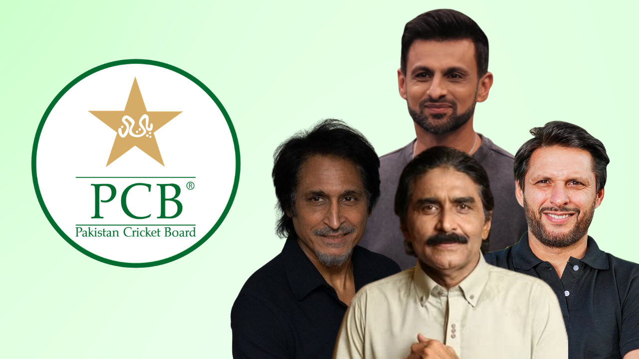 Ramiz Raja, Shahid Afridi, Shoaib Malik and Javed Miandad alongside the Pakistan Cricket Board logo.