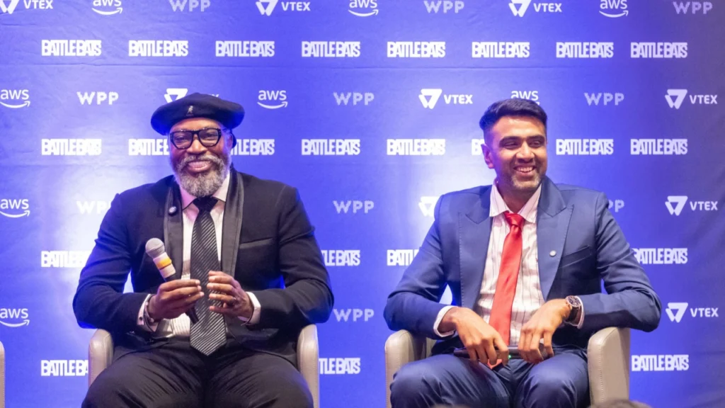 Ravichandran Ashwin and Chris Gayle at the Battle of Bats event