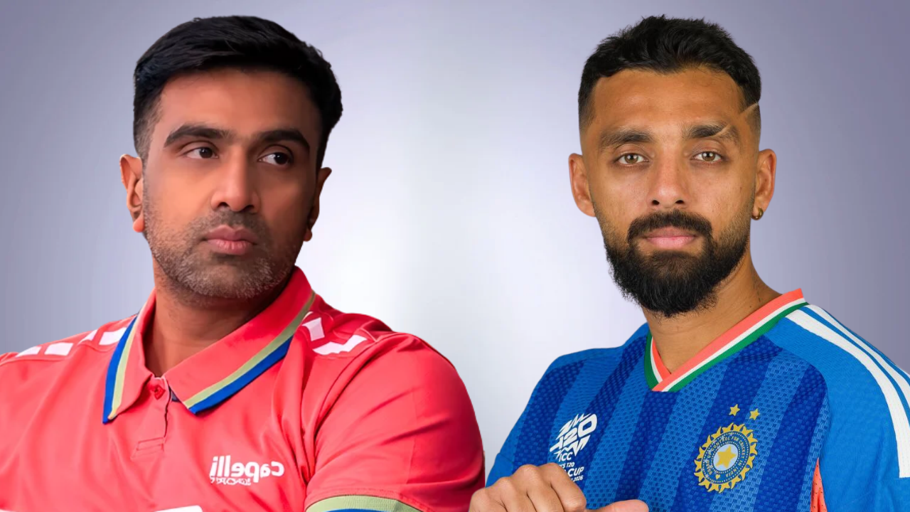Ravichandran Ashwin and Varun Chakravarthy pictured side by side in cricket jerseys