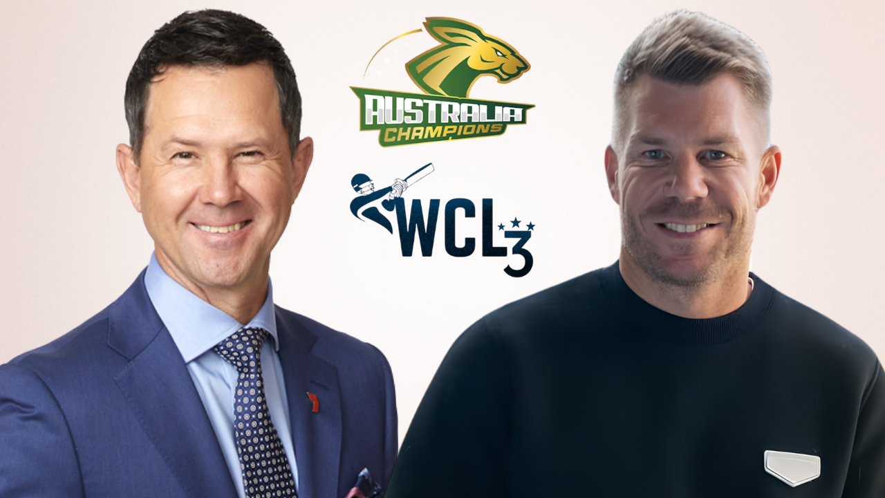 Ricky Ponting and David Warner pictured with World Championship of Legends and Australia Champions logos.
