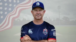 Ricky Ponting with a US flag and cricket ground in the background
