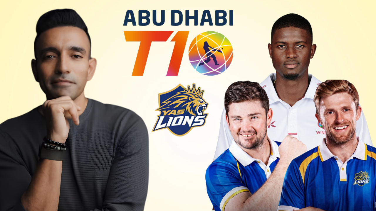 Alt text: Robin Uthappa, Jason Holder, Andries Gous and David Willey alongside Yas Lions and Abu Dhabi T10 logos
