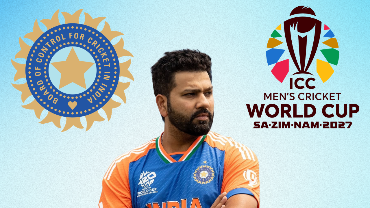 Rohit Sharma alongside the BCCI and ICC Men’s Cricket World Cup 2027 logos