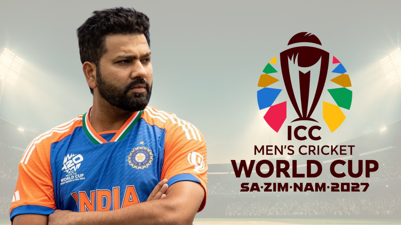 Rohit Sharma alongside the ICC Men’s Cricket World Cup 2027 logo.